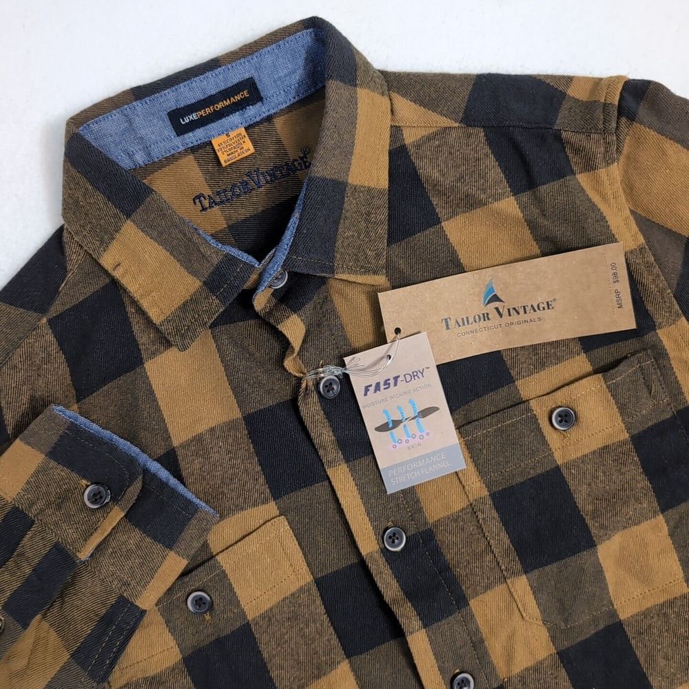 NEW Tailor Vintage Buffalo Plaid Brown Blue Performance MENS SM Flannel Fast Dry
